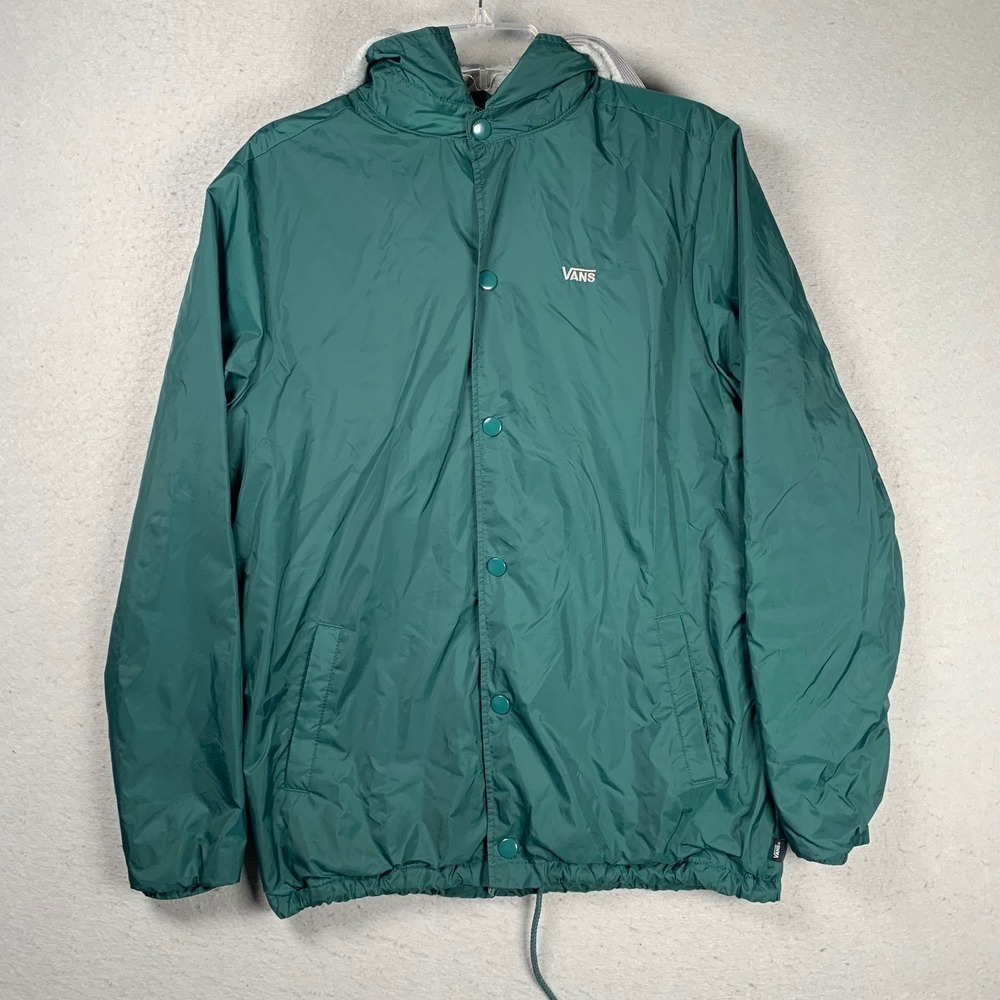 Vans Riley Hooded Coach Jacket Mens Small Button Snap Fleece Lined Windbreaker